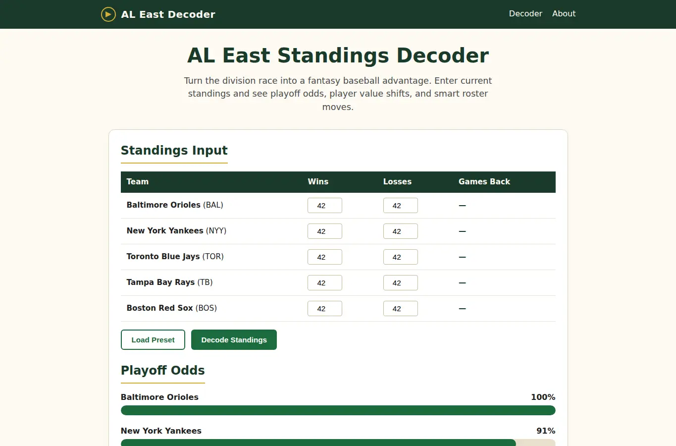 Screenshot of AL East Baseball Standings Decoder interface showing the project page in use